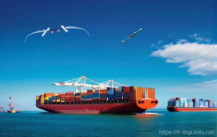 국제물류 실무 기본 개념 이해하기 - **Prompt:** A vibrant, panoramic view of a global logistics network. In the foreground, a large cont...