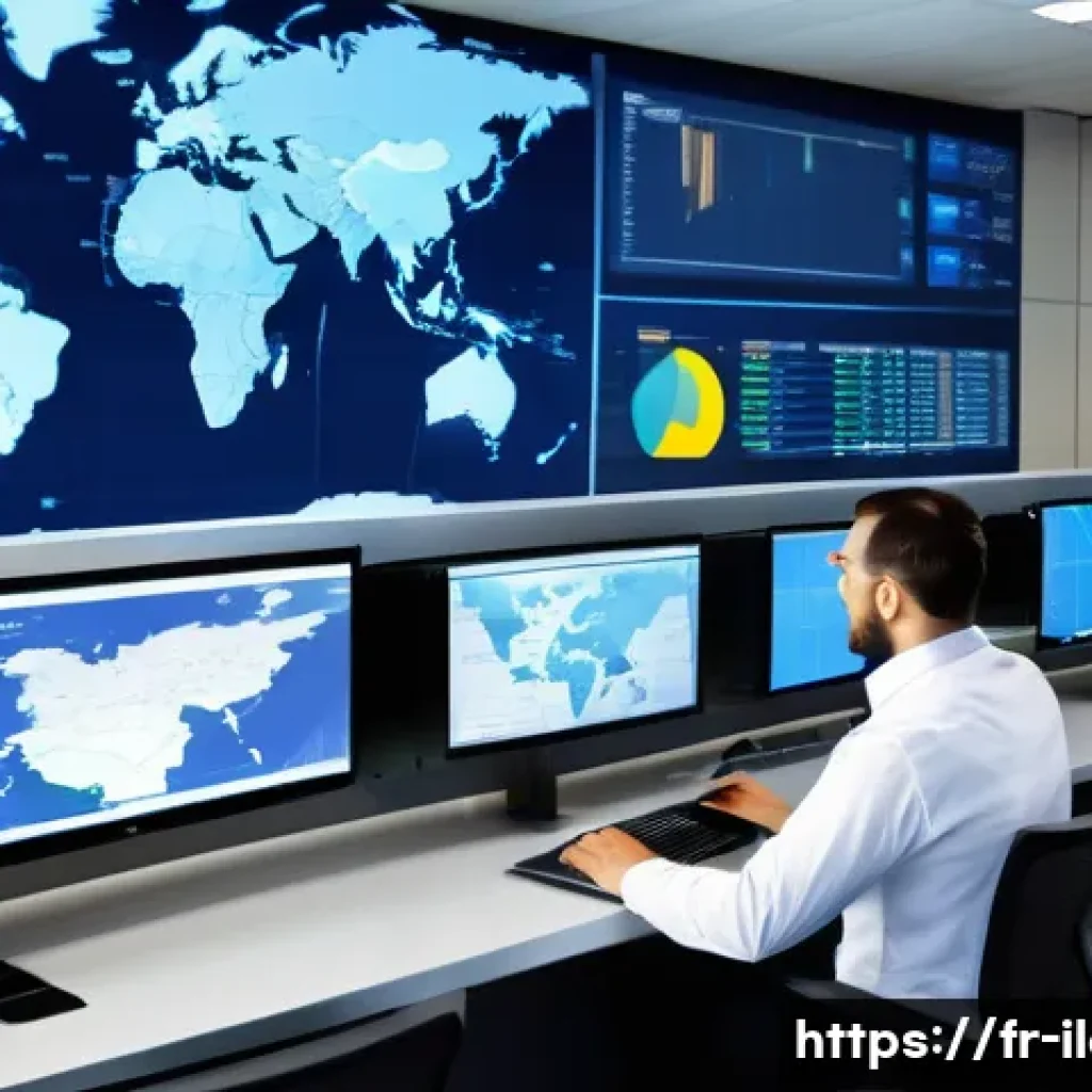 국제물류사의 진로 옵션 - A modern international logistics control room featuring a diverse team of professionals coordinating...