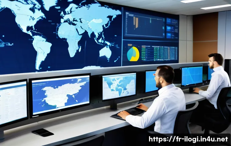 국제물류사의 진로 옵션 - A modern international logistics control room featuring a diverse team of professionals coordinating...