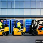 국제물류사 업무에서 생기는 윤리적 딜레마 - A modern international logistics warehouse scene showcasing diverse workers wearing safety vests and...