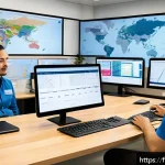 국제물류에서 필요한 영어 표현과 용어 - A professional international logistics office scene showing a diverse team of freight forwarders, cu...