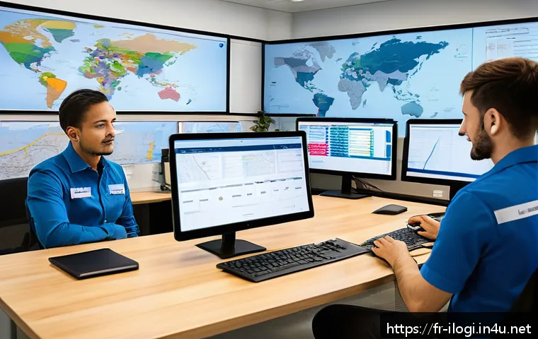 국제물류에서 필요한 영어 표현과 용어 - A professional international logistics office scene showing a diverse team of freight forwarders, cu...