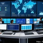 국제물류 취업 인터뷰 질문과 답변 예시 - A modern international logistics control room with diverse professionals collaborating around large ...