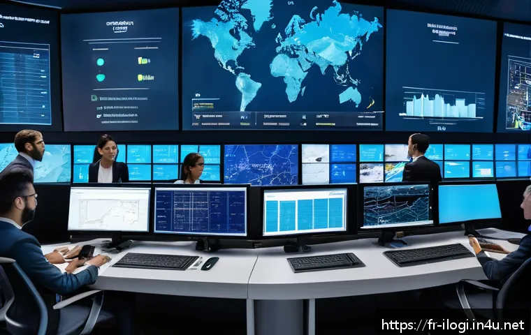 국제물류 취업 인터뷰 질문과 답변 예시 - A modern international logistics control room with diverse professionals collaborating around large ...
